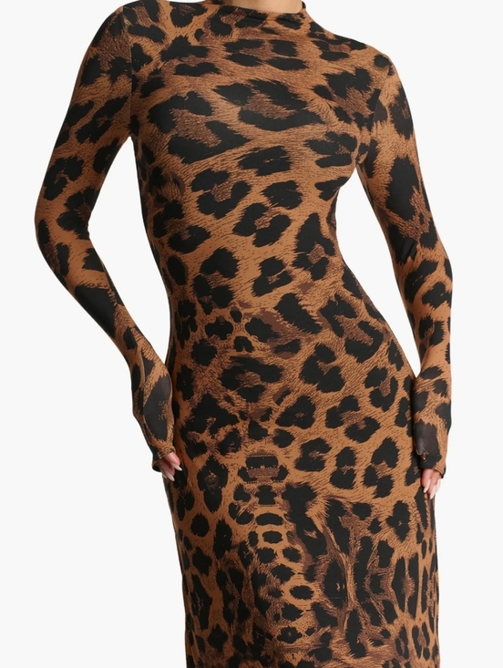 naked wardrobe Dresses & Skirts - naked wardrobe Leopard-Print Long Sleeve Midi Dress - Brown/Black